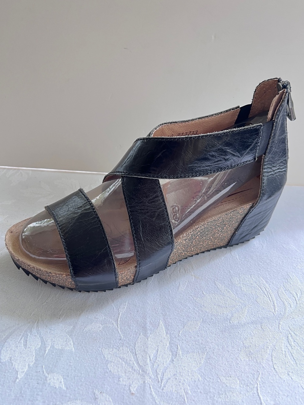 Joseph Seibel Black Leather Crisscross Wedge Sandals 9.5
